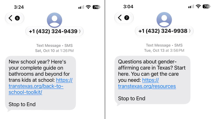 Two text messages side by side.