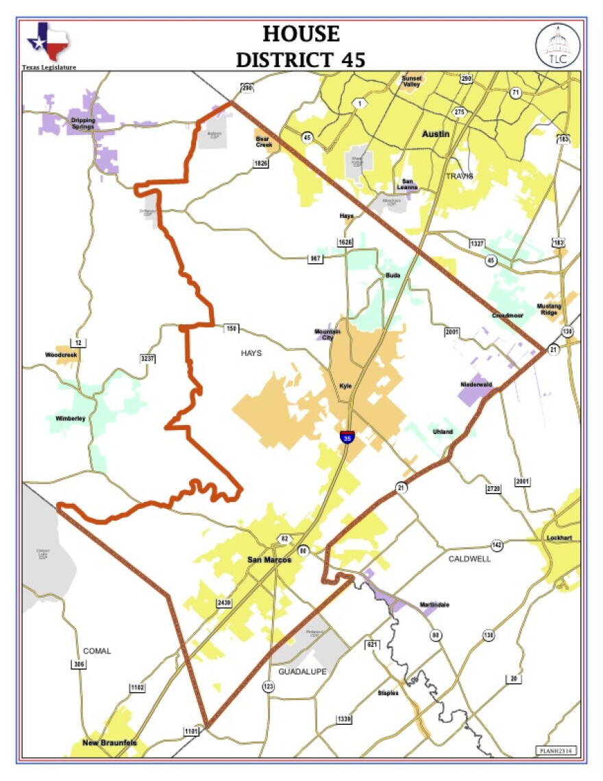 A map of Texas House District 45