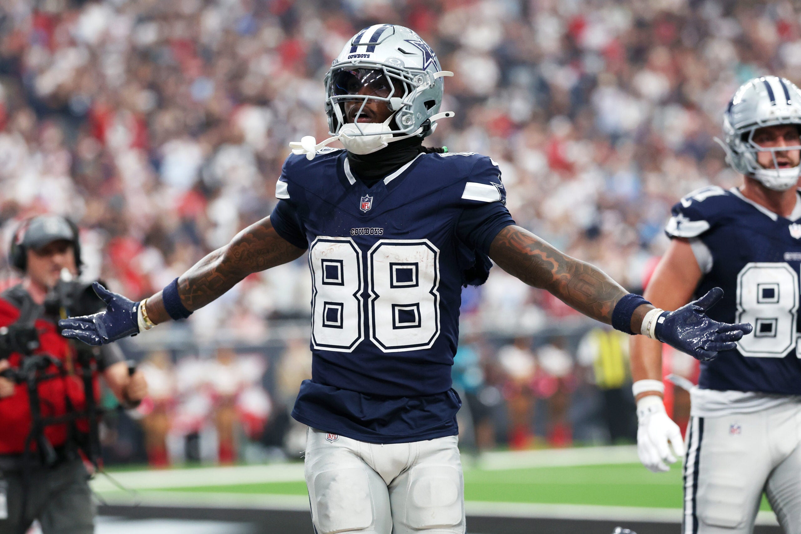 Oct 4, 2026; Houston, Texas, USA; Dallas Cowboys wide receiver CeeDee Lamb (88) reacts after a fourth quarter touchdown against the Houston Texans at Reliant Stadium.