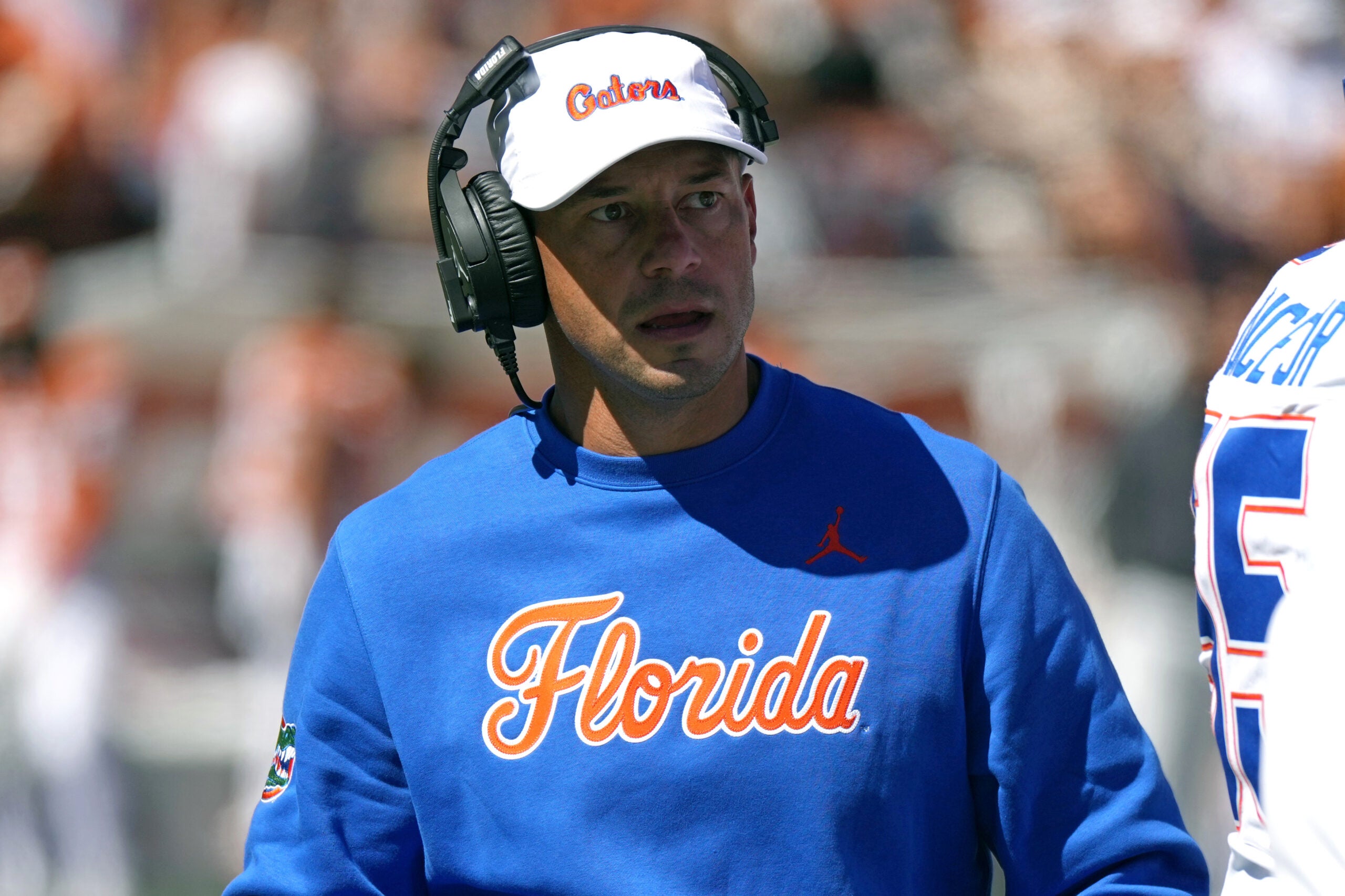 Oct 17, 2026; Austin, Texas, USA; Florida Gators Head Coach Jon Sumrall during the first half against the Texas Longhorns at Darrell K Royal-Texas Memorial Stadium.