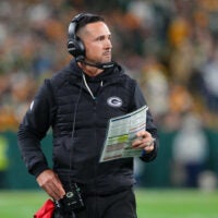 Oct 18, 2026; Green Bay, Wisconsin, USA; Green Bay Packers head coach Matt LaFleur looks on during the first half against the Dallas Cowboys at Lambeau Field.