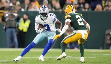 Oct 18, 2026; Green Bay, Wisconsin, USA; Dallas Cowboys wide receiver George Pickens (3) runs the ball against Green Bay Packers cornerback Brandon Cisse (2) during the second half at Lambeau Field.