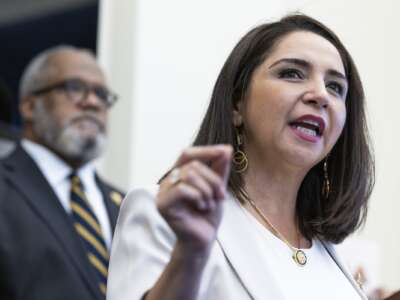 Rep. Delia Ramirez (D-Illinois) speaks during a press conference on the No Homeless Detention Centers Act in the Cannon House Office Building on September 2, 2026 in Washington, D.C.