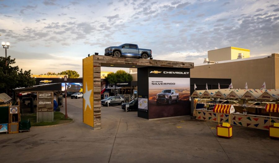 Chevrolet and GMC’s new trucks are on display at the State Fair of Texas Blue 2027 Chevrolet Silverado atop enterance to State Fair of Texas