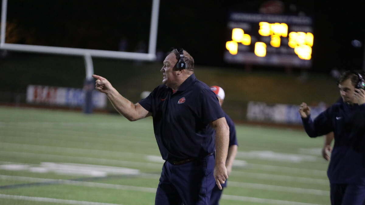 Fort Worth Country Day head coach Keith Burns points his finger in a game against Southwest Christian at Fort Worth Country Day High School in Fort Worth, Texas, Thursday, Sept. 10, 2026.