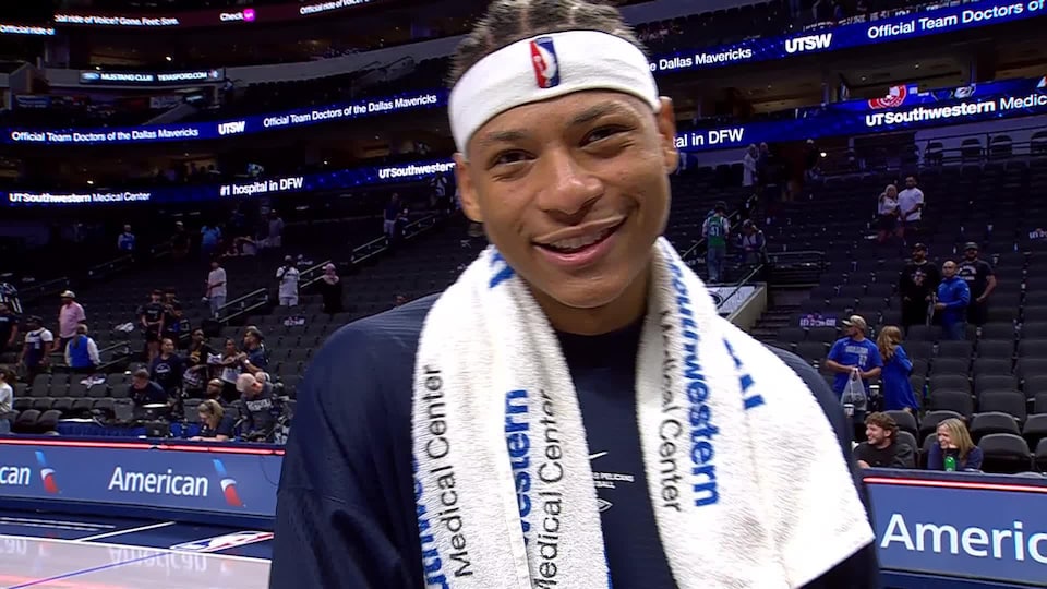 article-image: Jeremiah Fears on-court interview after Pelicans win vs. Mavericks 10/14/2026
