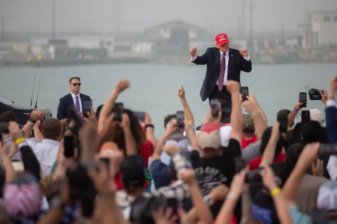 President Donald Trump dances to Village People's "Y.M.C.A." after his speech at the Port of Corpus Christi on Feb. 27.