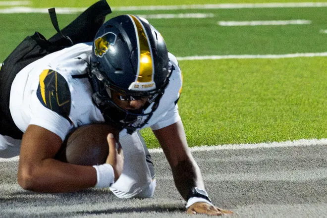 Eastwood’s Kingston Jeffries dives into the end zone for a touchdown against Pebble Hills during a District 1-6A football game Thursday, Oct. 1, 2026, at SAC 1 in El Paso, Texas.