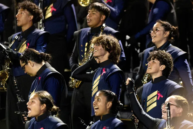 Eastwood band members cheer during a District 1-6A football game against Pebble Hills Thursday, Oct. 1, 2026, at SAC 1 in El Paso, Texas.