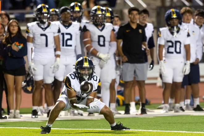 Eastwood’s Matthew Ramirez reaches to catch a pass against Pebble Hills during a District 1-6A football game Thursday, Oct. 1, 2026, at SAC 1 in El Paso, Texas.
