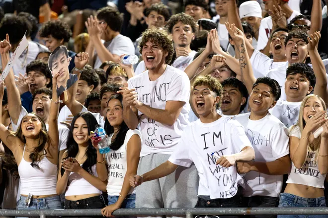 Pebble Hills students cheer during a District 1-6A football game against Eastwood Thursday, Oct. 1, 2026, at SAC 1 in El Paso, Texas.