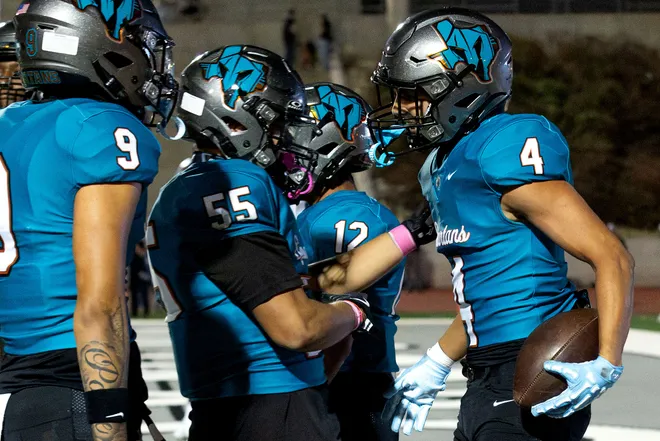 Pebble Hills’ Ian Sublasky celebrates his touchdown against Eastwood during a District 1-6A football game Thursday, Oct. 1, 2026, at SAC 1 in El Paso, Texas.
