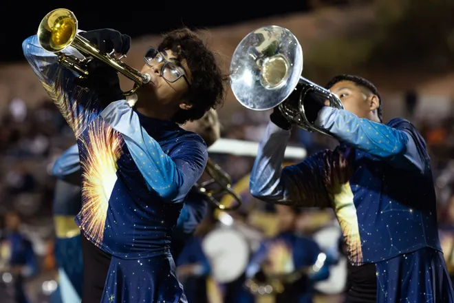 The Pebble Hills band performs at halftime of a District 1-6A football game against Eastwood Thursday, Oct. 1, 2026, at SAC 1 in El Paso, Texas.