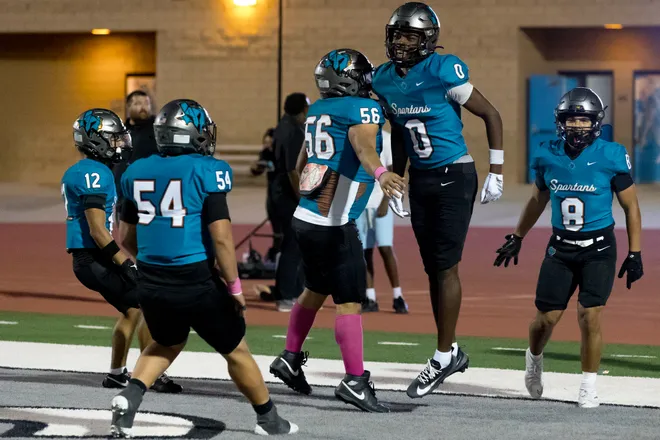Pebble Hills’ LJ Bailey  celebrates his touchdown against Eastwood during a District 1-6A football game Thursday, Oct. 1, 2026, at SAC 1 in El Paso, Texas.