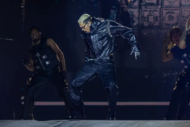 Chris Brown takes the stage during "The R & B Tour" at Sun Bowl Stadium on Saturday, Oct. 3, 2026, in El Paso, Texas.