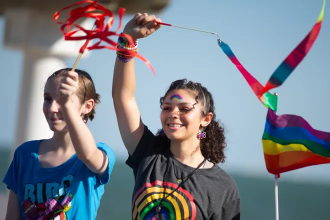 Marchers greet people at the Pride Parade and Block Party hosted by Pride Corpus Christi at Water's Edge Park in Corpus Christi, Texas, on Oct. 10, 2026.