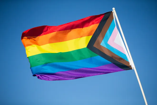 An LGBTQ+ flag blows in the wind at the Pride Parade and Block Party hosted by Pride Corpus Christi at Water's Edge Park in Corpus Christi, Texas, on Oct. 10, 2026. Hundreds were in attendance for the annual event.