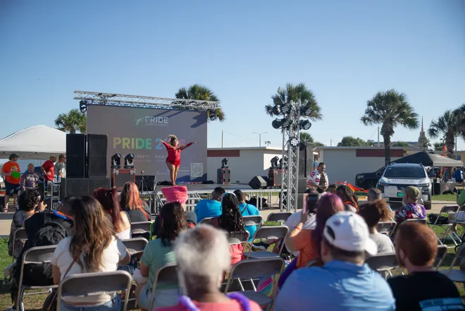 Crowd members cheer on entertainers at the Pride Parade and Block Party hosted by Pride Corpus Christi at Water's Edge Park in Corpus Christi, Texas, on Oct. 10, 2026.