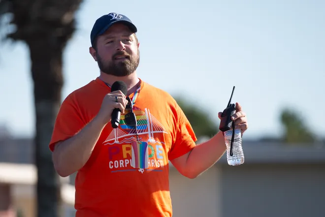 Jonathan Swindle, president of Pride Corpus Christi, speaks to a crowd at the nonprofit's Pride Parade and Block Party at Water's Edge Park in Corpus Christi, Texas, on Oct. 10, 2026.