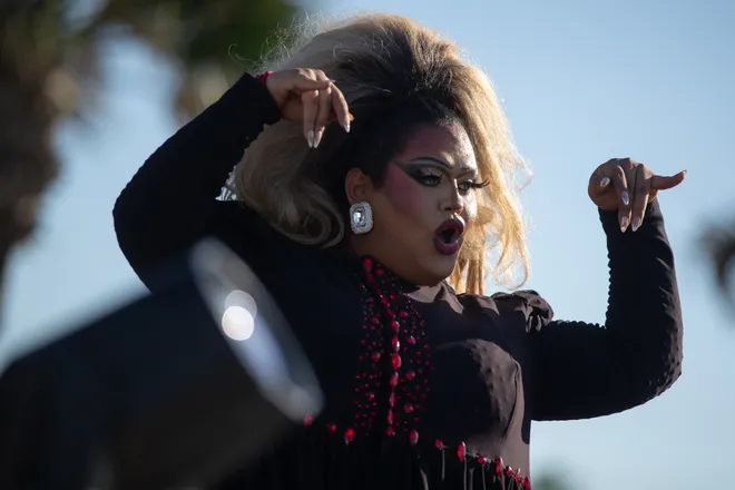 Showgirl Gina Anthony Crawford, of San Antonio, performs at the Pride Parade and Block Party hosted by Pride Corpus Christi at Water's Edge Park in Corpus Christi, Texas, on Oct. 10, 2026.