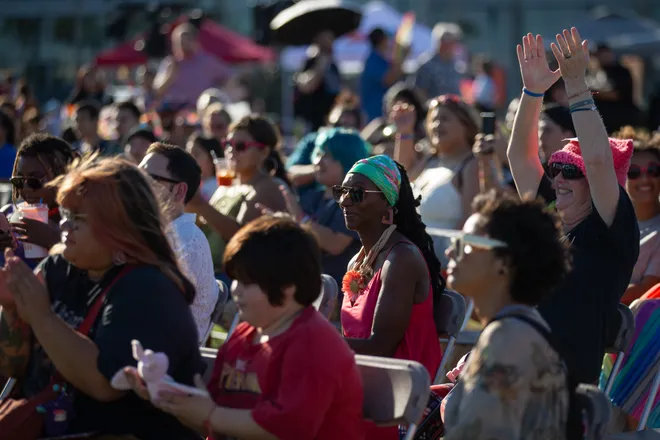 Crowd members cheer on entertainers at the Pride Parade and Block Party hosted by Pride Corpus Christi at Water's Edge Park in Corpus Christi, Texas, on Oct. 10, 2026.