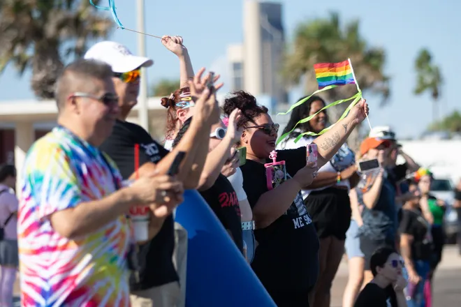 People cheer on marchers at the Pride Parade and Block Party hosted by Pride Corpus Christi at Water's Edge Park in Corpus Christi, Texas, on Oct. 10, 2026.