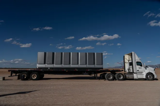 Fuel cells are displayed during a media tour of Project Jupiter in Santa Teresa, N.M., on Tuesday, Oct. 13, 2026. Officials highlighted the technology planned to help power the data center campus.