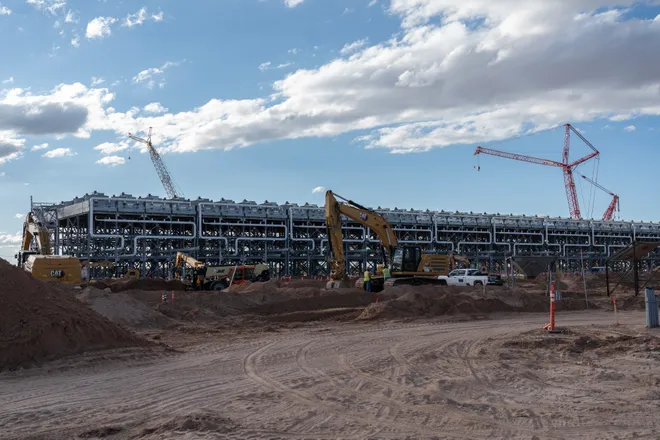 A building that is part of the cooling infrastructure is under construction at Project Jupiter in Santa Teresa, N.M., on Tuesday, Oct. 13, 2026. The cooling facility was among the stops shown to members of the media during a tour of the data center campus.