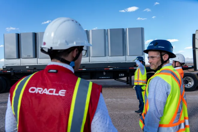 Fuel cells are displayed during a media tour of Project Jupiter in Santa Teresa, N.M., on Tuesday, Oct. 13, 2026. Officials highlighted the technology planned to help power the data center campus.