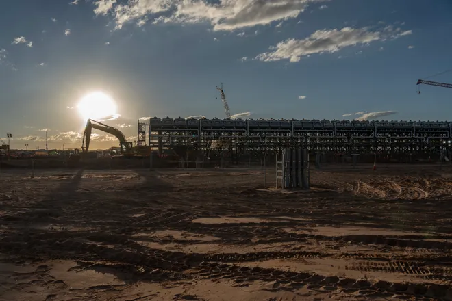 A building that is part of the cooling infrastructure is under construction at Project Jupiter in Santa Teresa, N.M., on Tuesday, Oct. 13, 2026. The cooling facility was among the stops shown to members of the media during a tour of the data center campus.
