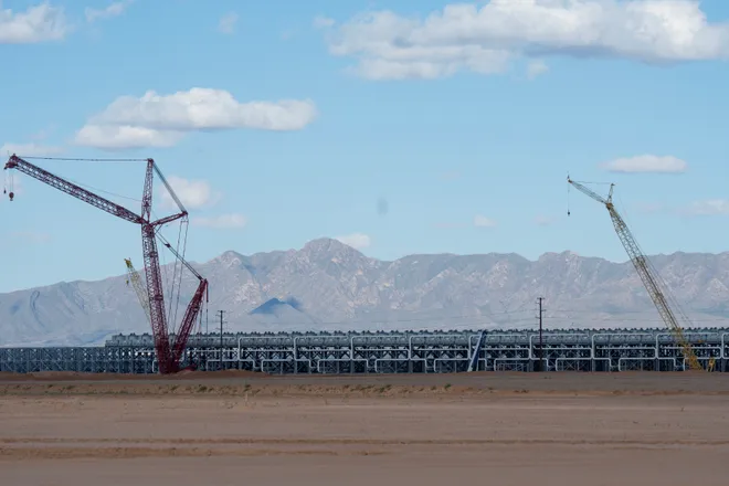 A building that is part of the cooling infrastructure is under construction at Project Jupiter in Santa Teresa, N.M., on Tuesday, Oct. 13, 2026. The cooling facility was among the stops shown to members of the media during a tour of the data center campus.
