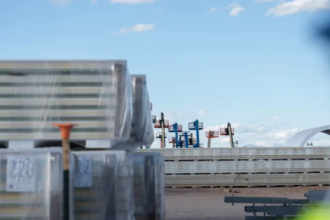 Construction equipment sits in an equipment yard during a media tour of Project Jupiter in Santa Teresa, N.M., on Tuesday, Oct. 13, 2026. The staging area was one of three stops visited by members of the media during the tour of the data center campus under construction.