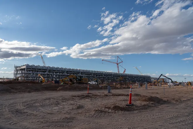 A building that is part of the cooling infrastructure is under construction at Project Jupiter in Santa Teresa, N.M., on Tuesday, Oct. 13, 2026. The cooling facility was among the stops shown to members of the media during a tour of the data center campus.