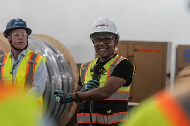 Mahesh Thiagarajan answers questions from members of the media during a tour of Project Jupiter in Santa Teresa, N.M., on Tuesday, Oct. 13, 2026.