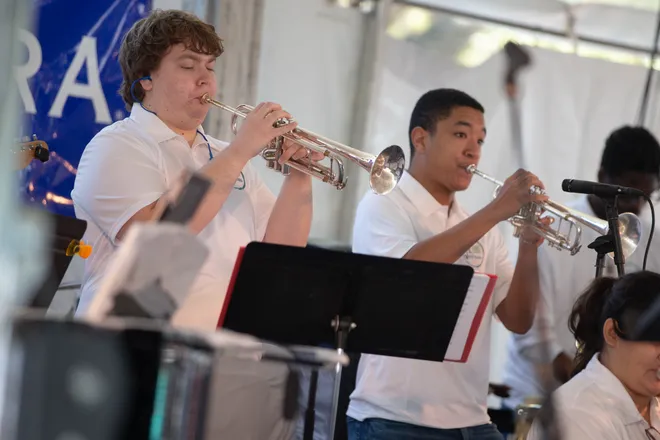 The Texas A & M University-Corpus Christi Islander Jazz Band performs at the 65th annual Texas Jazz Festival at Heritage Park in Corpus Christi, Texas, on Oct. 17, 2026. Nearly 50 jazz groups lit up three stages over the three-day event.