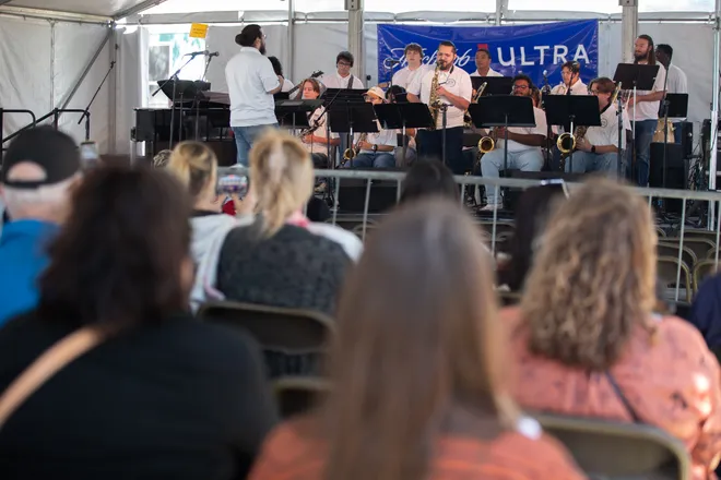 People listen to the Texas A & M University-Corpus Christi Islander Jazz Band perform at the 65th annual Texas Jazz Festival at Heritage Park in Corpus Christi, Texas, on Oct. 17, 2026.