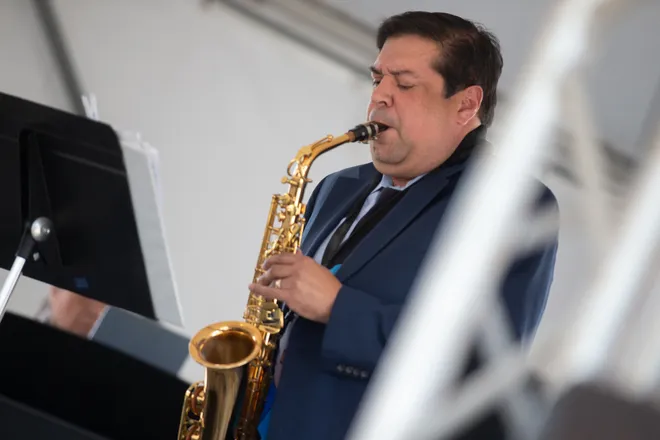 Jazz musician and Nueces County state District Judge Bobby Galvan performs at the 65th annual Texas Jazz Festival at Heritage Park in Corpus Christi, Texas, on Oct. 17, 2026.