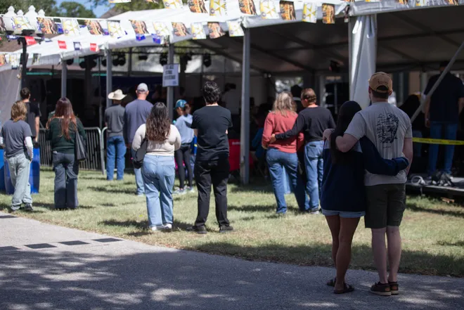 People listen to the Texas A & M University-Corpus Christi Islander Jazz Band perform at the 65th annual Texas Jazz Festival at Heritage Park in Corpus Christi, Texas, on Oct. 17, 2026.