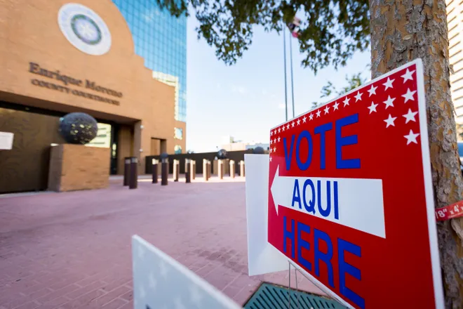 An early voting sign directs voters to the Enrique Moreno County Courthouse in El Paso, Texas, on Tuesday, Oct. 20, 2026, during the second day of early voting for the November general election.