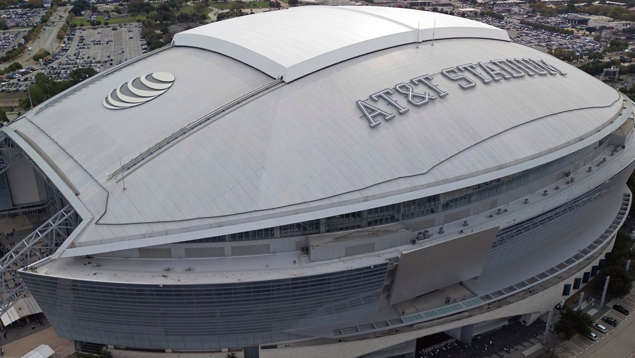 An overall aerial exterior general view of AT&T Stadium before an NFL football game between the Dallas Cowboys and the New York Giants, Sunday, Nov. 12, 2023, in Arlington, TX. (AP Photo/Tyler Kaufman)