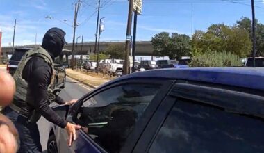 This image made from Immigration and Customs Enforcement (ICE) body camera footage shows an ICE officer stopping Wilber Rafael Garces Perez on Sunday, Sept. 20, 2026, in Austin, Texas. (Immigration and Customs Enforcement via AP)