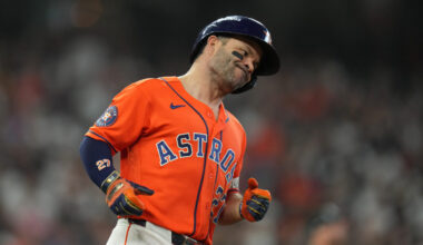 Houston Astros' Jose Altuve reacts after hitting a fly out to end the bottom of the fifth inning in Game 2 of baseball's American League Wild Card Series against the Chicago White Sox, Wednesday, Sept. 30, 2026, in Houston.