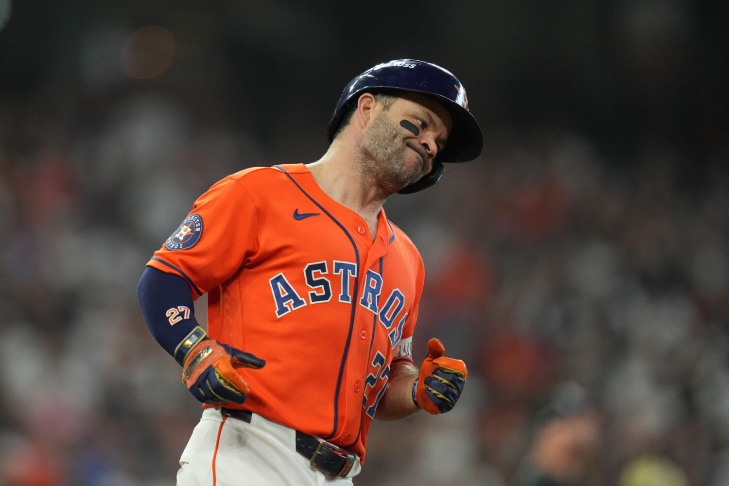 Houston Astros' Jose Altuve reacts after hitting a fly out to end the bottom of the fifth inning in Game 2 of baseball's American League Wild Card Series against the Chicago White Sox, Wednesday, Sept. 30, 2026, in Houston.