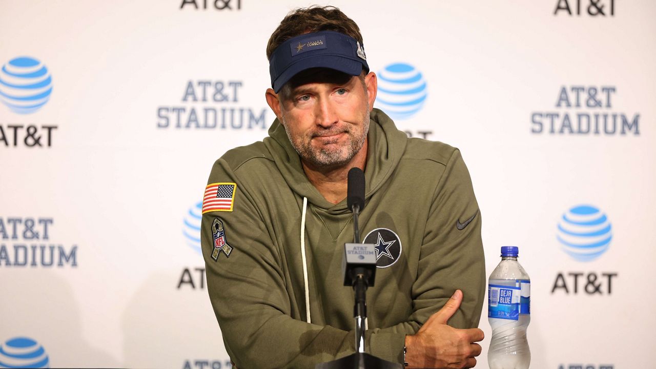 Dallas Cowboys head coach Brian Schottenheimer takes questions during a news conference after an NFL football game against the Arizona Cardinals Monday, Nov. 3, 2025, in Arlington, Texas. (AP Photo/Richard Rodriguez)