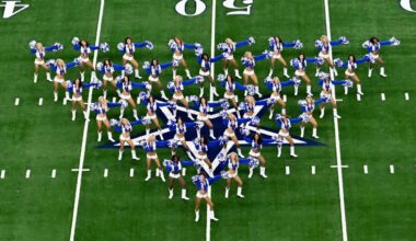 The Dallas Cowboys cheerleaders perform prior to the game between the Baltimore Ravens and the Dallas Cowboys in an NFL football game, Sunday, Sept. 22, 2024, in Arlington, Texas. (AP Photo/Maria Lysaker)