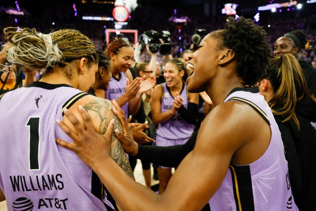 The Golden State Valkyries celebrate after winning against the Dallas Wings at the Chase Center in San Francisco, Calif., on Thursday, Oct. 2, 2026. (Shae Hammond/Bay Area News Group)