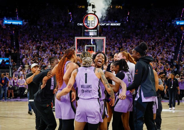 The Golden State Valkyries celebrate after winning against the Dallas Wings at the Chase Center in San Francisco, Calif., on Thursday, Oct. 2, 2026. (Shae Hammond/Bay Area News Group)