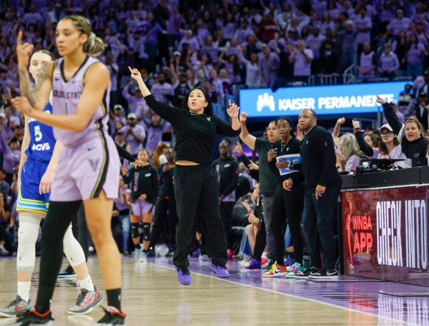 Golden State Valkyries' head coach Natalie Nakase gestures towards the referees during a playoff game against the Dallas Wings in the fourth quarter at the Chase Center in San Francisco, Calif., on Thursday, Oct. 2, 2026. (Shae Hammond/Bay Area News Group)