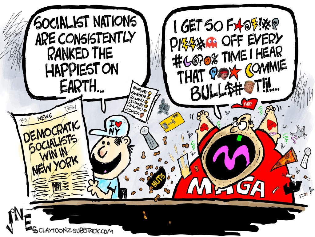 A cartoon by Clay Jones showing a MAGA voter freaking out over the New York election results.