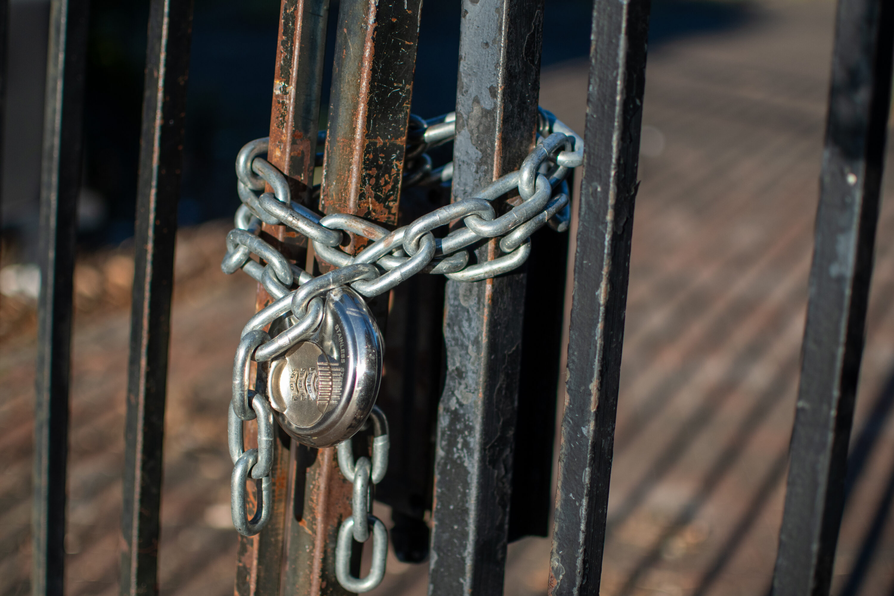 The locked gate to the Kirby Mansion in Houston, which has not been open to the public for over a decade.